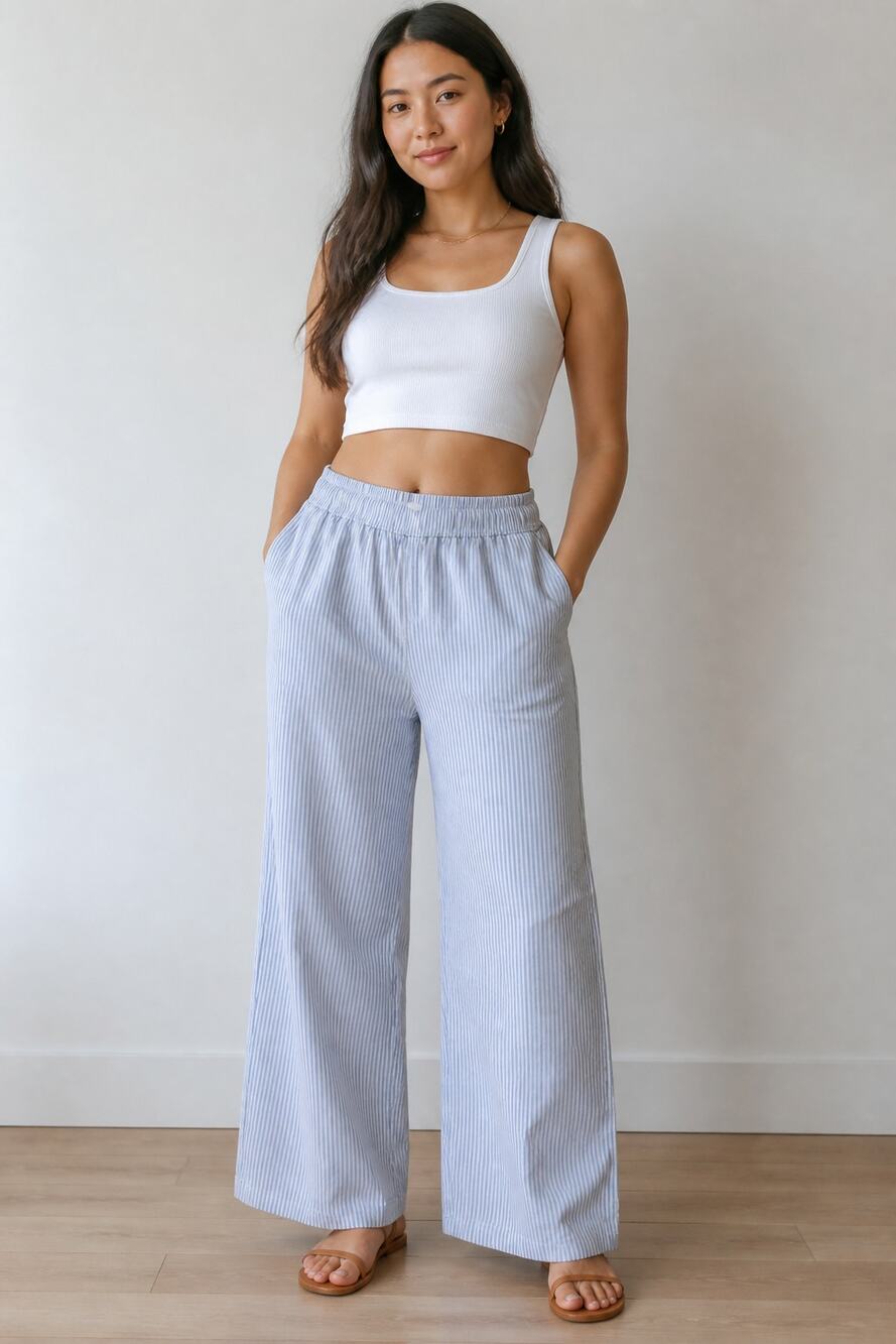 H&M Blue White Striped Elastic Waist Pants